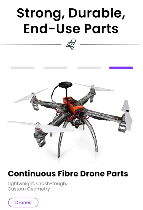 Continuous fibre 3D printed drone frame parts made on FibreSeeker 3