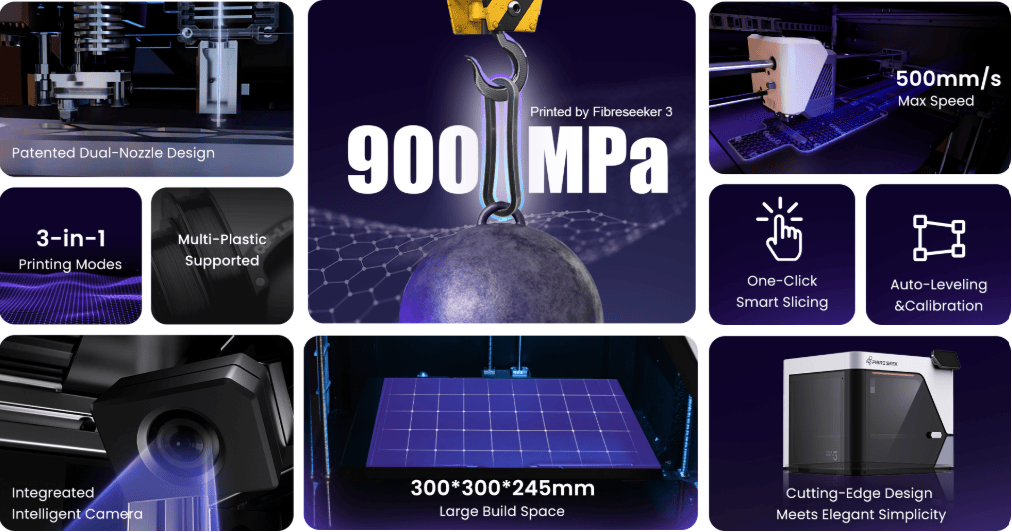 FibreSeeker 3 features - 900 MPa strength, 3-in-1 printing, 500 mm/s speed, 300x300x245 mm build volume